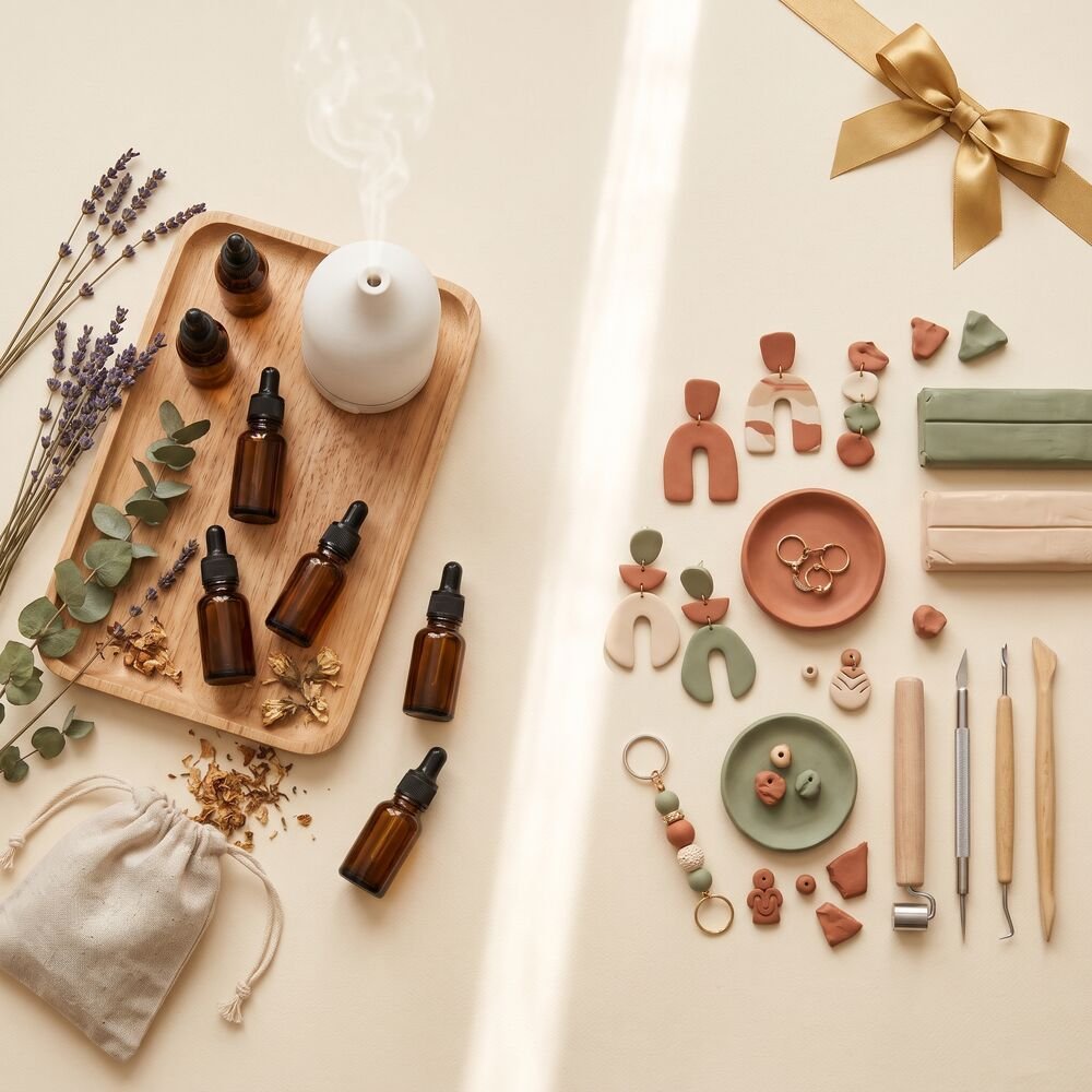Set de aromaterapia con aceites esenciales y accesorios de arcilla polimérica en tonos terracota y verde