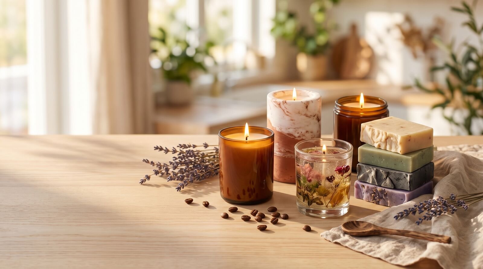 Velas artesanales encendidas y jabones de colores sobre una mesa de madera con lavanda seca