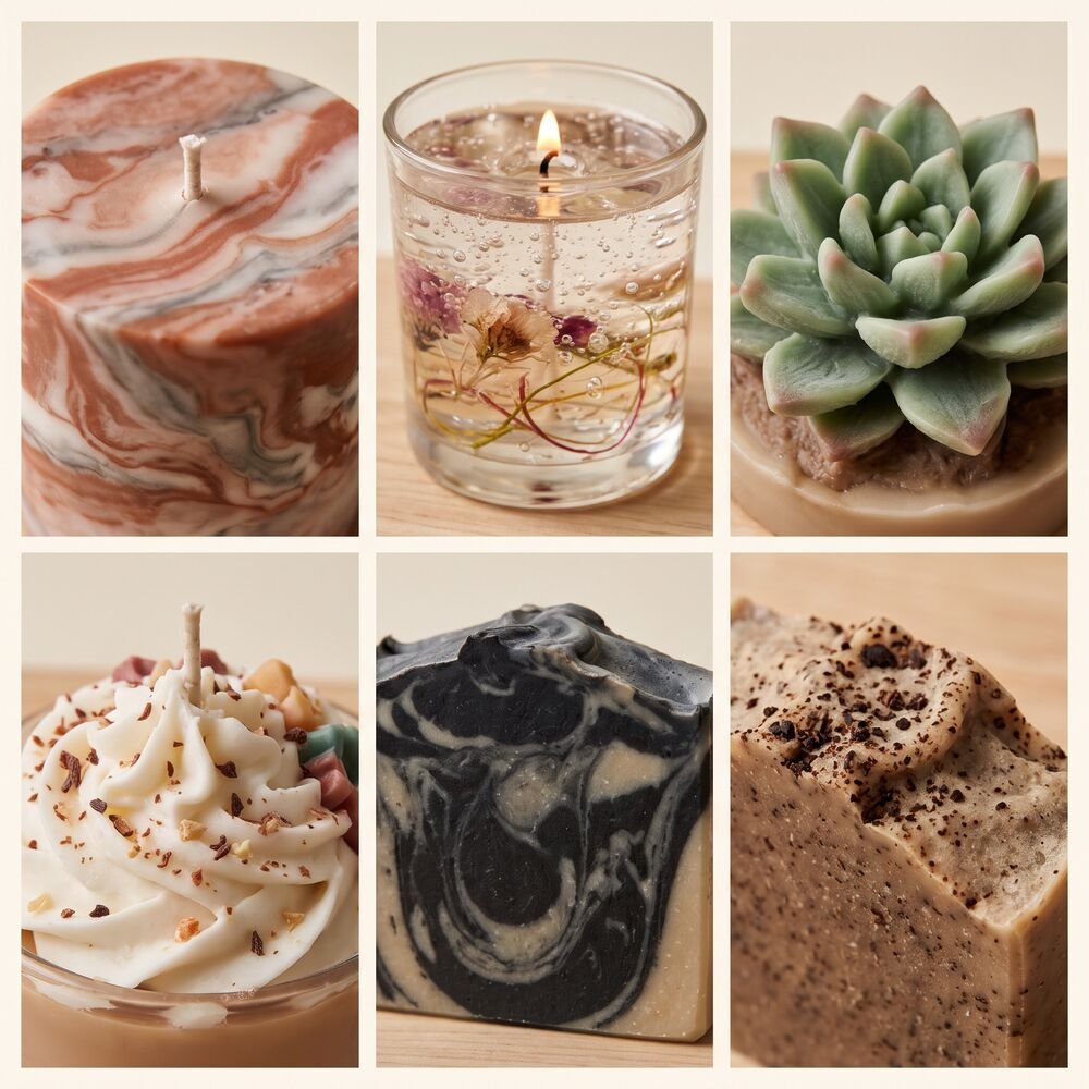 Seis fotos de detalle: vela de mármol, vela de gel, vela de suculenta, vela de repostería, jabón de carbón activado y jabón de café